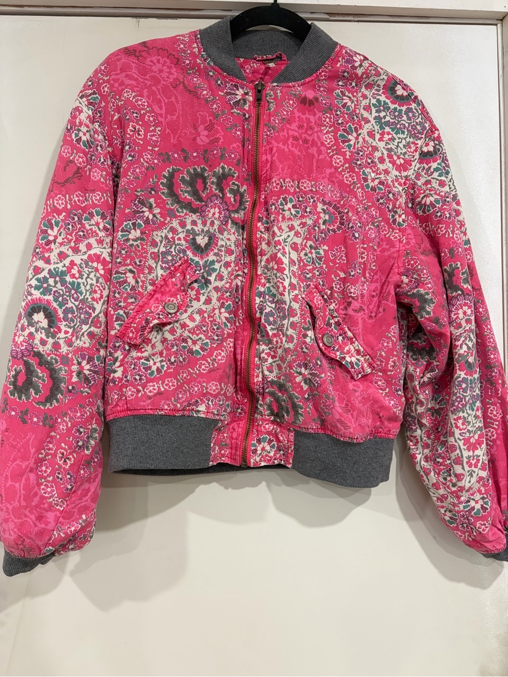 Free People Pink Paisley Bomber Jacket with Gray Trim